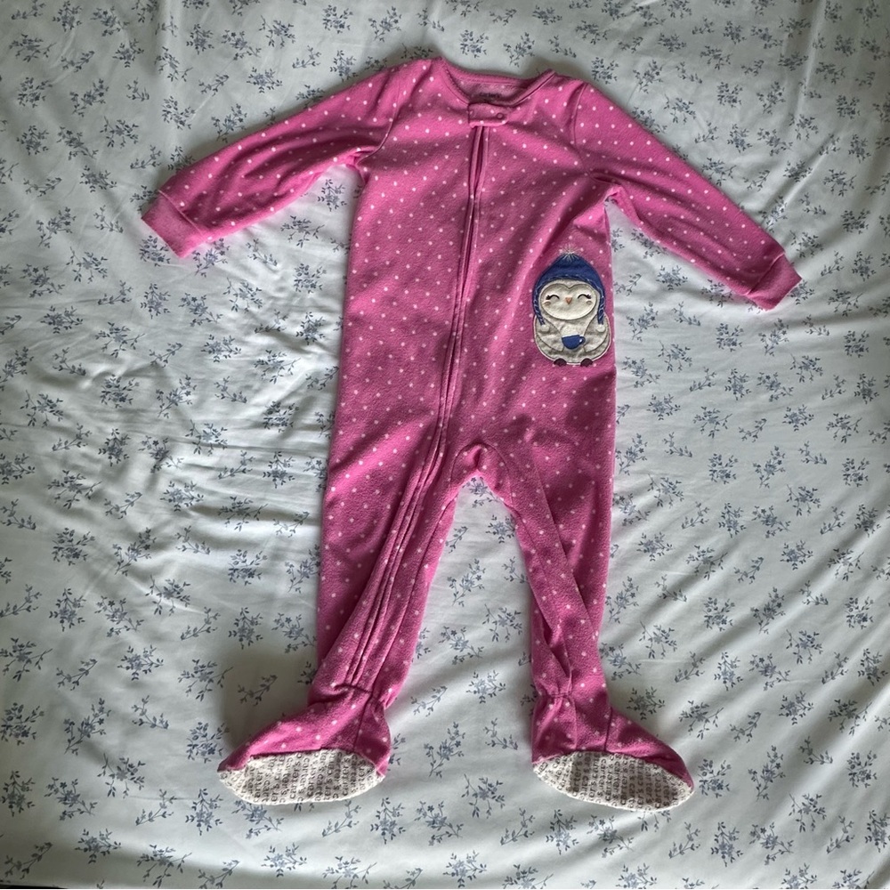 Carter's Pink Polka Dot Footed One-Piece with Penguin Appliqué